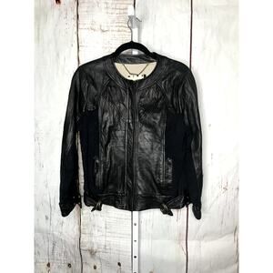 mike gonzalez leather contrast knit long sleeve zip up jacket